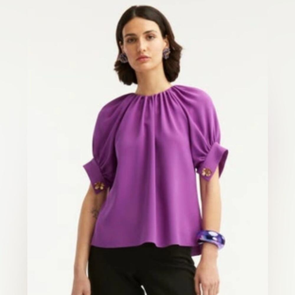 Oscar de la Renta Gathered Stretch Silk Blouse in Hyacinth - Size 4